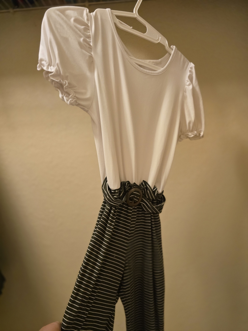 Classic White Puff-Sleeve Top with Black Striped Waist Pant Suit